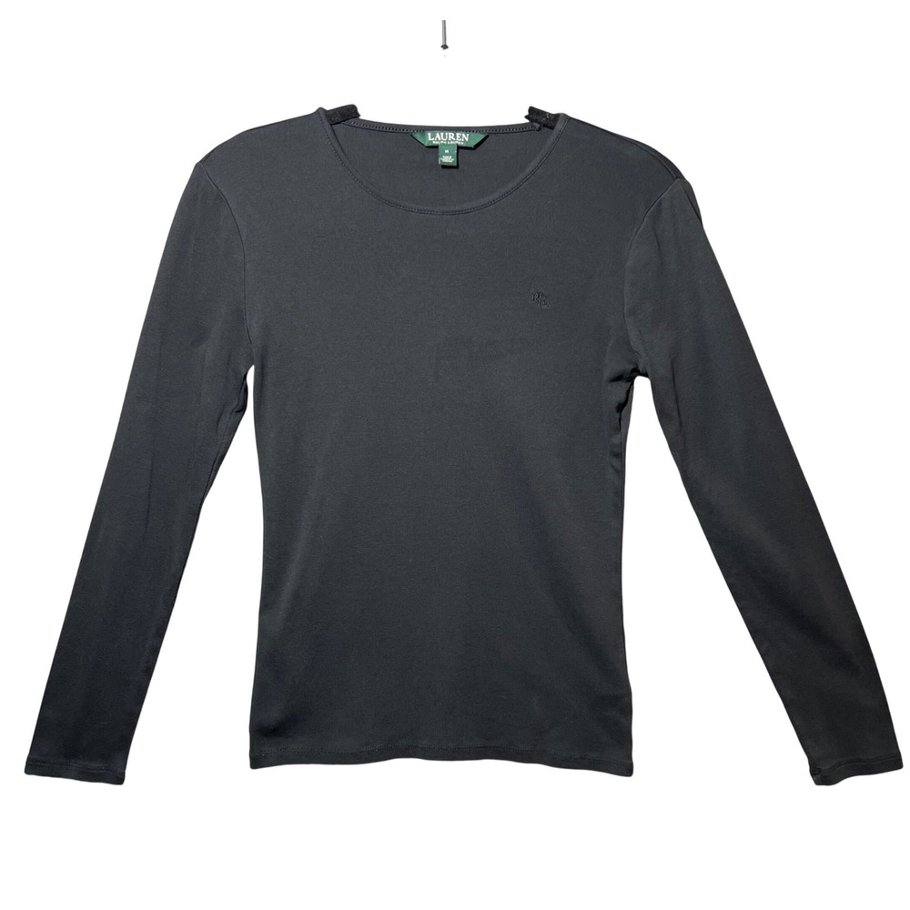 Lauren Ralph Lauren Womens Black Ribbed Cotton Long Sleeve Crew Neck Top Size M